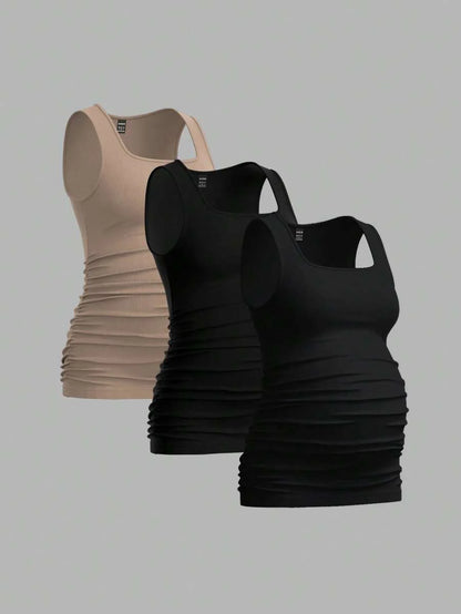 Maternity Ruched Tank Top 3-Pack - Square Neck, Slim Fit, Multicolor