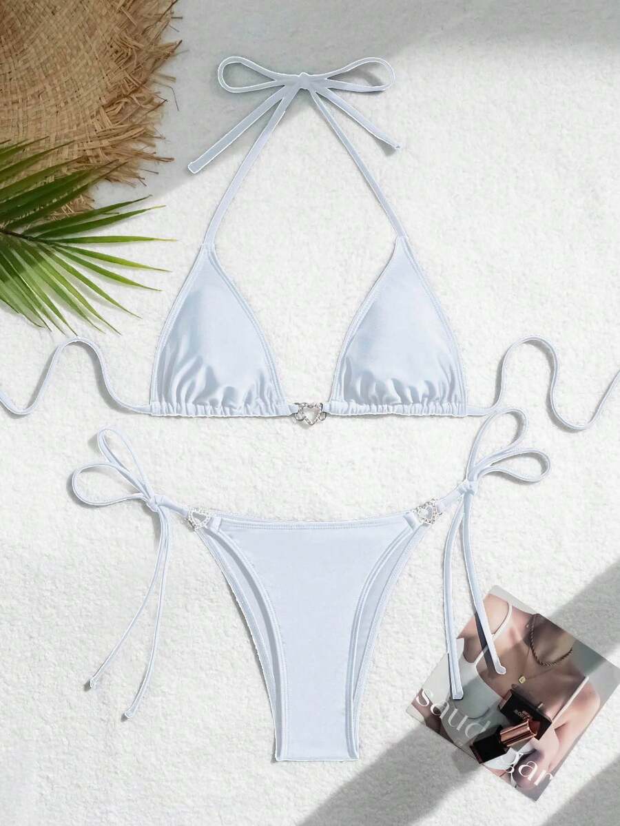 Swim Vcay Summer Beach Women's Solid Color Halter Neck Tie Two Pieces Bikini Set, Perfect For Vacation Swimwear