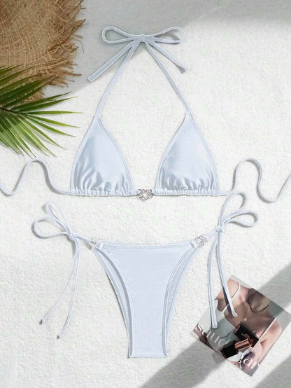 Swim Vcay Summer Beach Women's Solid Color Halter Neck Tie Two Pieces Bikini Set, Perfect For Vacation Swimwear