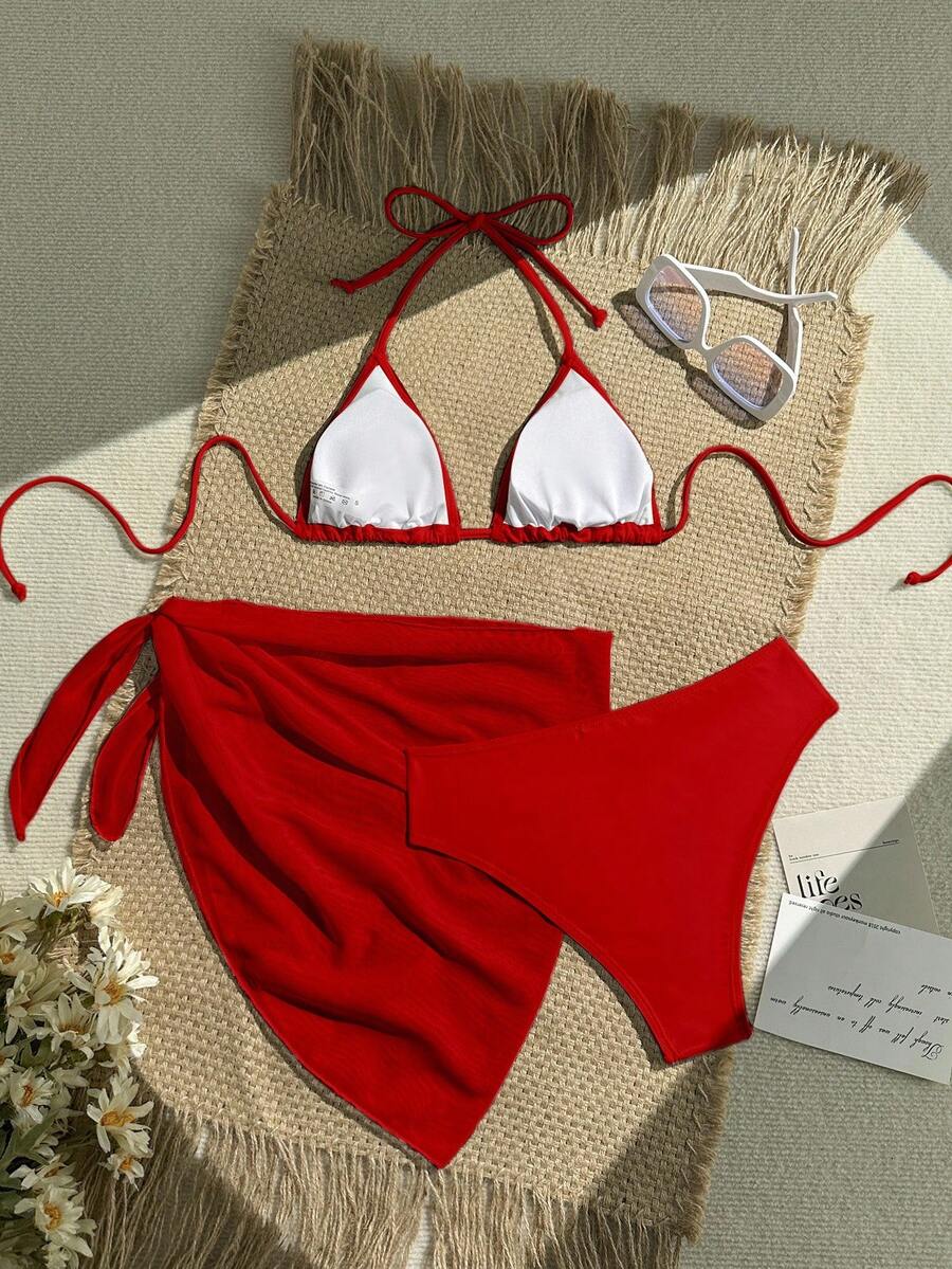 Women's 3-Piece Solid Halter Bikini Set - Knot Detail, Skirt Cover-Up, Triangle Cup, Red