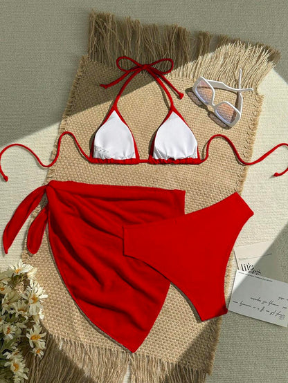 Women's 3-Piece Solid Halter Bikini Set - Knot Detail, Skirt Cover-Up, Triangle Cup, Red
