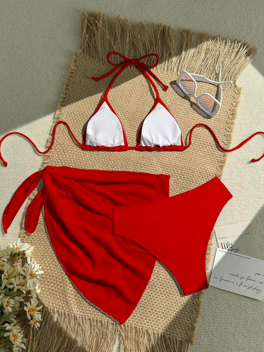 Women's 3-Piece Solid Halter Bikini Set - Knot Detail, Skirt Cover-Up, Triangle Cup, Red