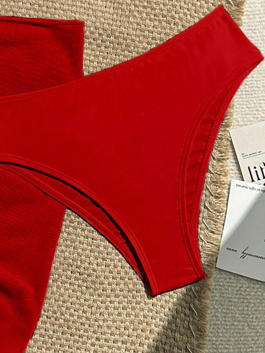 Women's 3-Piece Solid Halter Bikini Set - Knot Detail, Skirt Cover-Up, Triangle Cup, Red