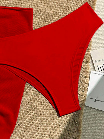 Women's 3-Piece Solid Halter Bikini Set - Knot Detail, Skirt Cover-Up, Triangle Cup, Red