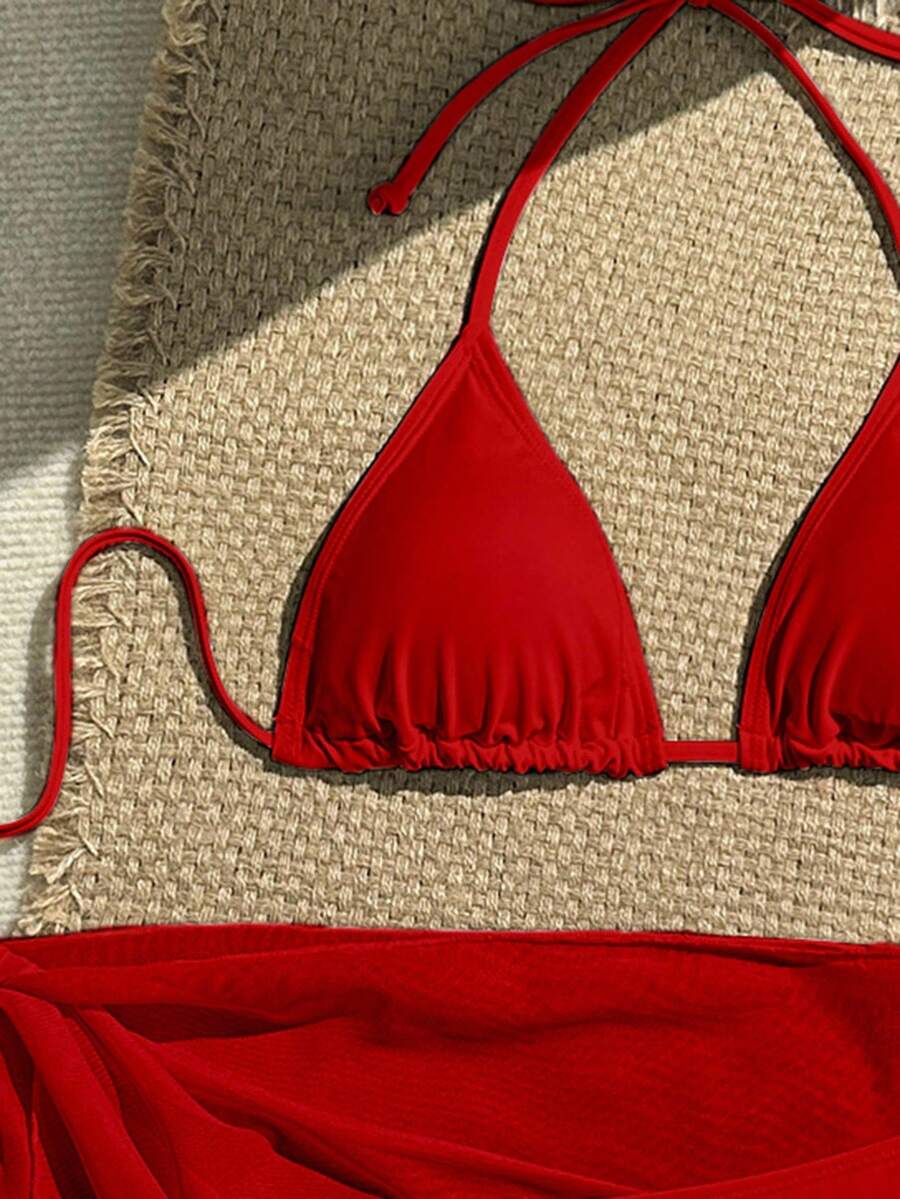 Women's 3-Piece Solid Halter Bikini Set - Knot Detail, Skirt Cover-Up, Triangle Cup, Red