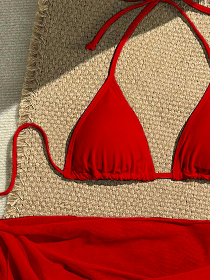 Women's 3-Piece Solid Halter Bikini Set - Knot Detail, Skirt Cover-Up, Triangle Cup, Red