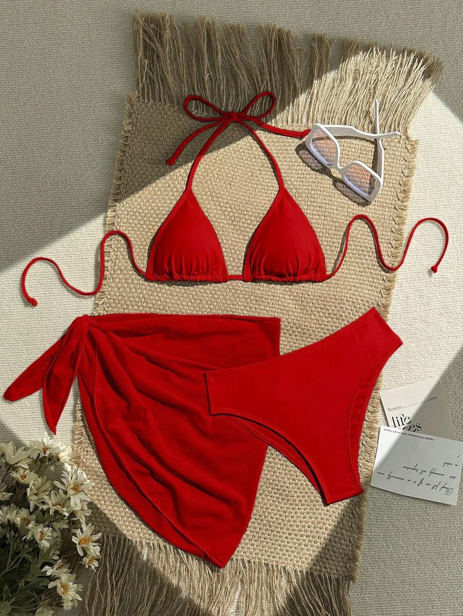 Women's 3-Piece Solid Halter Bikini Set - Knot Detail, Skirt Cover-Up, Triangle Cup, Red