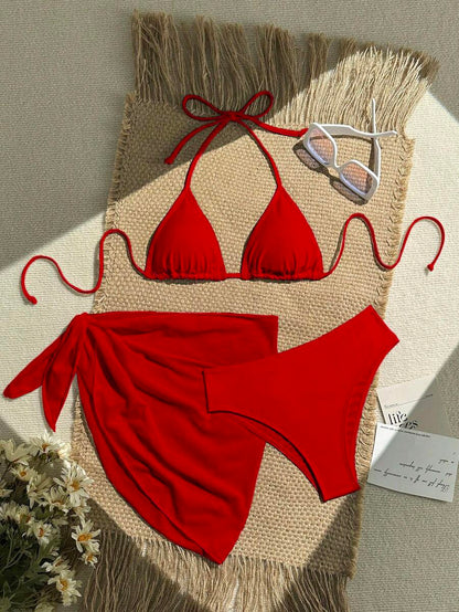 Women's 3-Piece Solid Halter Bikini Set - Knot Detail, Skirt Cover-Up, Triangle Cup, Red