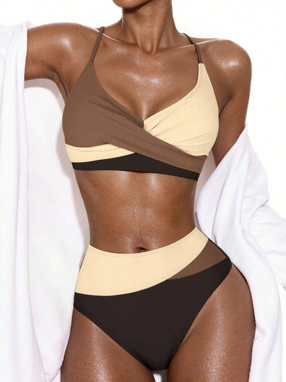 Women's 2-Piece Color-Block Bikini Set - Spaghetti Strap, Criss Cross, High Waist, Multicolor