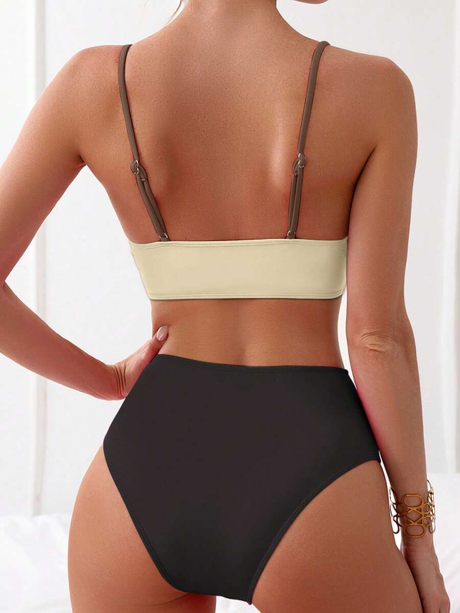 Women's 2-Piece Color-Block Bikini Set - Spaghetti Strap, Criss Cross, High Waist, Multicolor