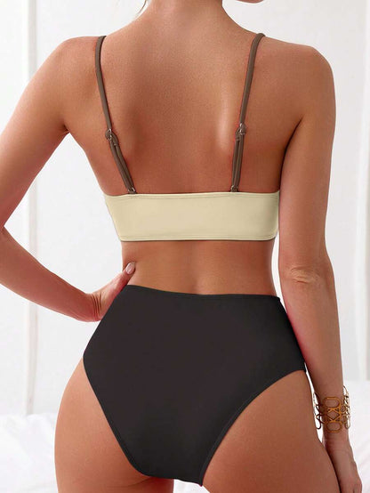 Women's 2-Piece Color-Block Bikini Set - Spaghetti Strap, Criss Cross, High Waist, Multicolor