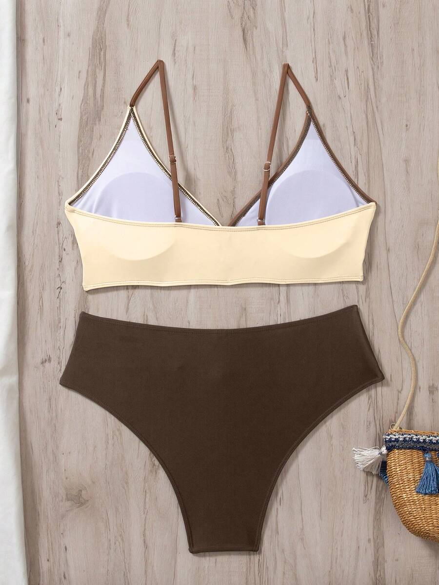 Women's 2-Piece Color-Block Bikini Set - Spaghetti Strap, Criss Cross, High Waist, Multicolor