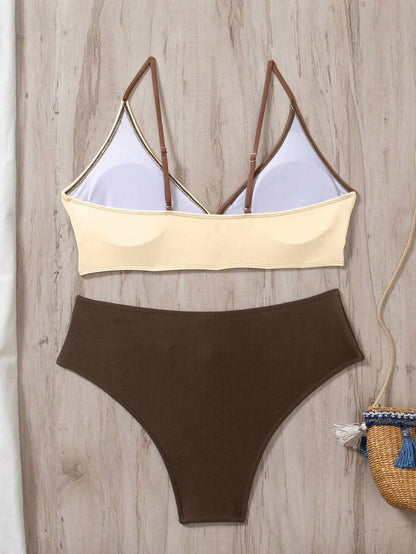 Women's 2-Piece Color-Block Bikini Set - Spaghetti Strap, Criss Cross, High Waist, Multicolor