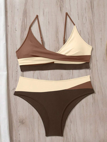 Women's 2-Piece Color-Block Bikini Set - Spaghetti Strap, Criss Cross, High Waist, Multicolor