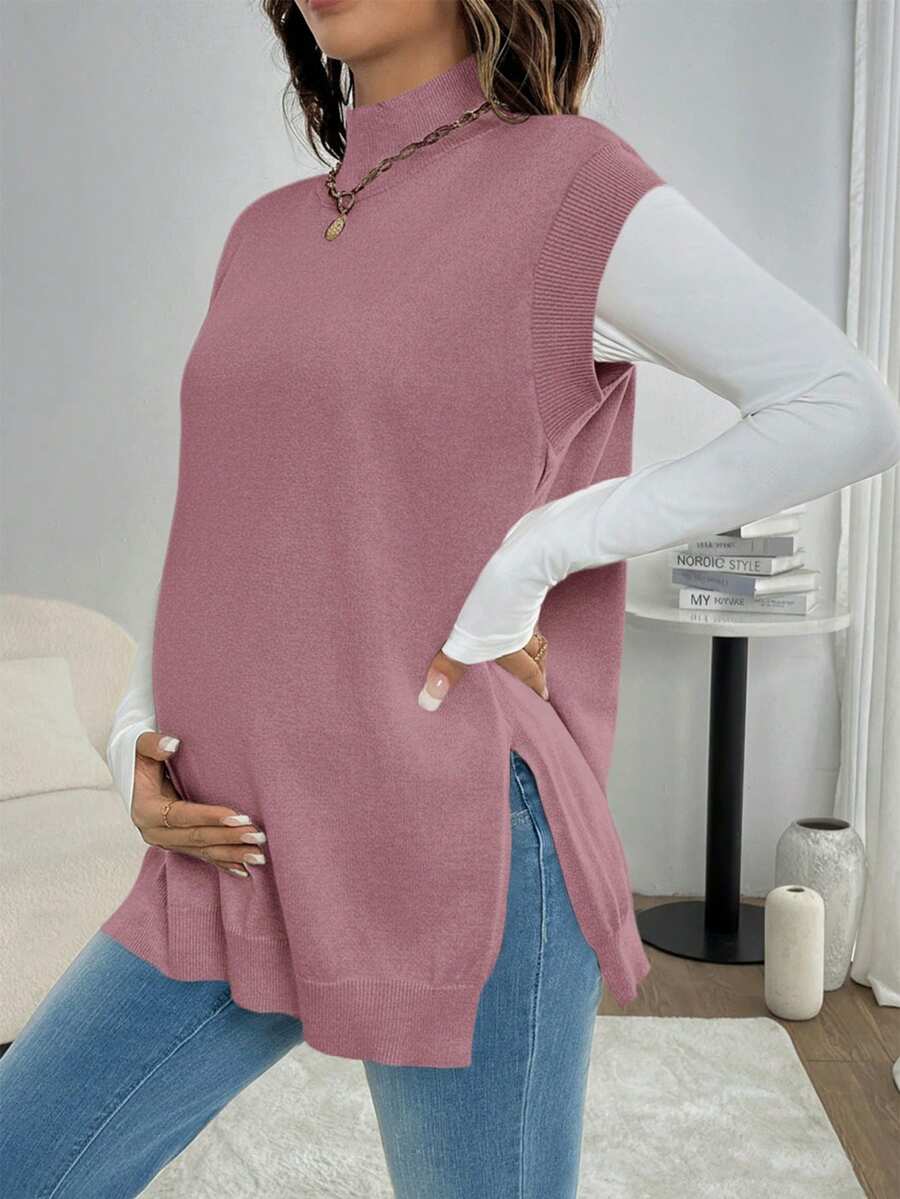 Women's Maternity Loose Knitted Sweater with Side Slit - Casual Autumn Pullover