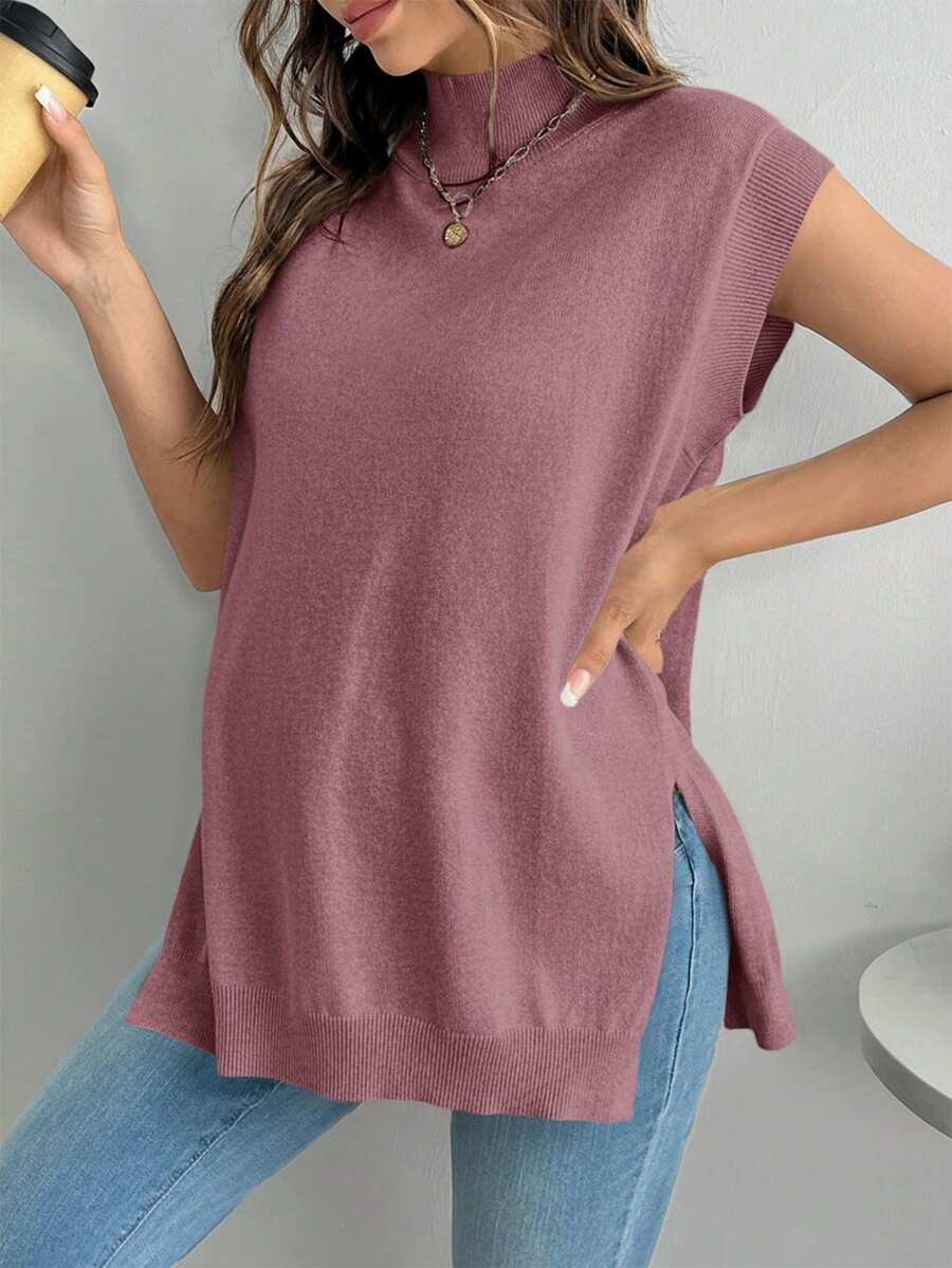 Women's Maternity Loose Knitted Sweater with Side Slit - Casual Autumn Pullover