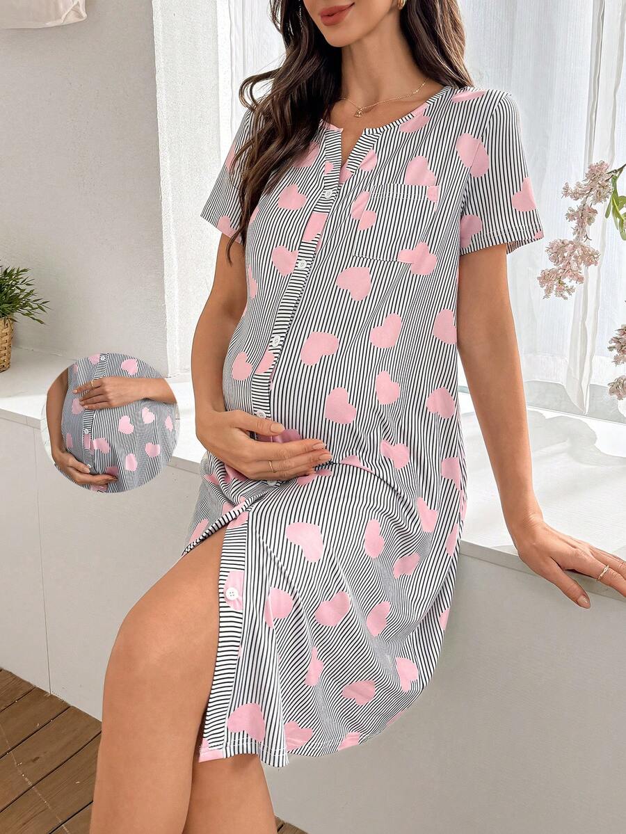 Maternity Heart Print Nightgown Women Button Front Short Sleeve Sleep Dress with Pocket