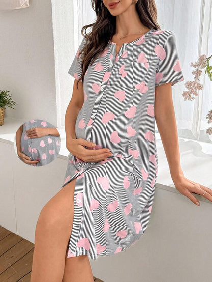 Maternity Heart Print Nightgown Women Button Front Short Sleeve Sleep Dress with Pocket