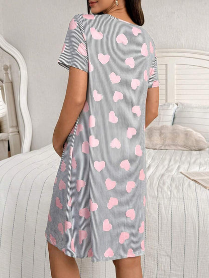 Maternity Heart Print Nightgown Women Button Front Short Sleeve Sleep Dress with Pocket