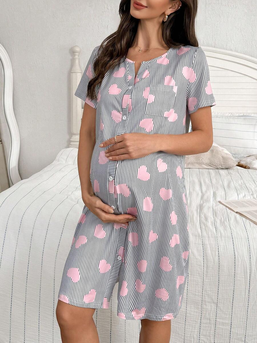 Maternity Heart Print Nightgown Women Button Front Short Sleeve Sleep Dress with Pocket