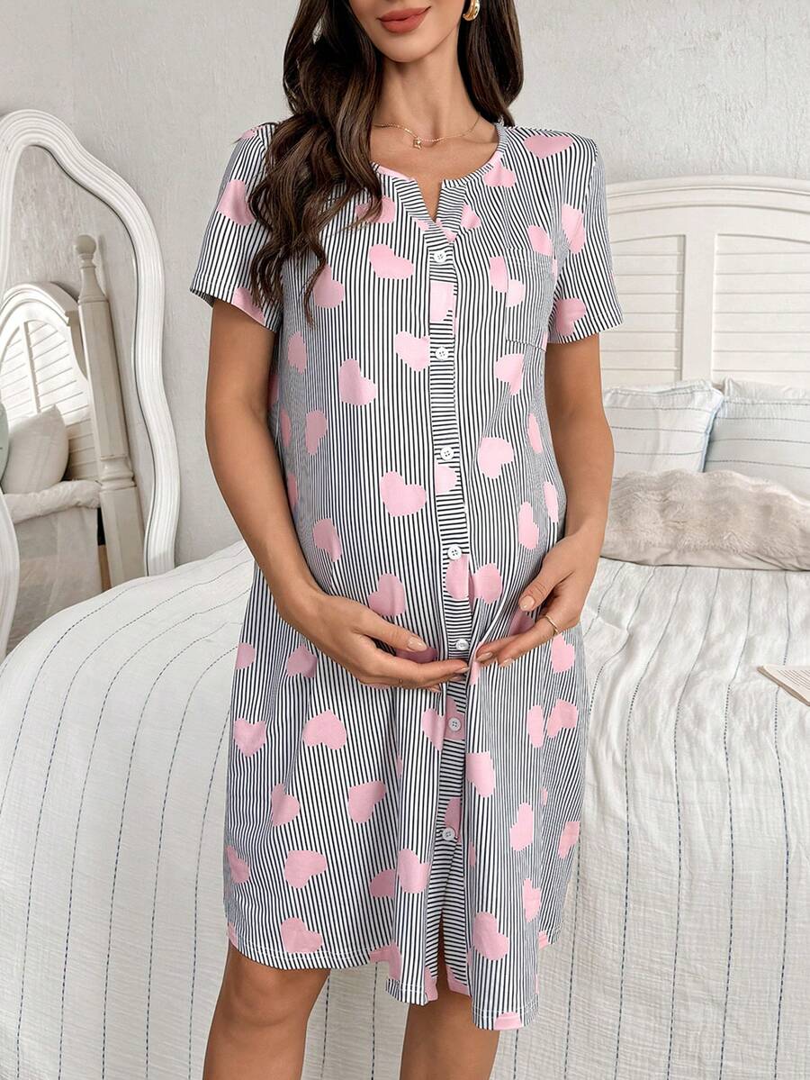 Maternity Heart Print Nightgown Women Button Front Short Sleeve Sleep Dress with Pocket