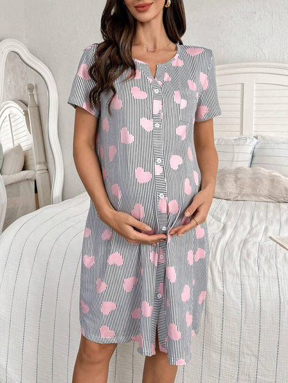 Maternity Heart Print Nightgown Women Button Front Short Sleeve Sleep Dress with Pocket