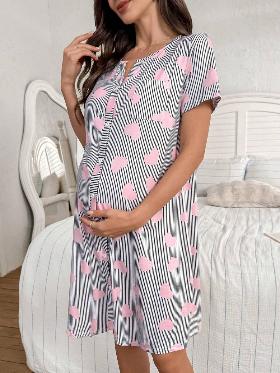 Maternity Heart Print Nightgown Women Button Front Short Sleeve Sleep Dress with Pocket