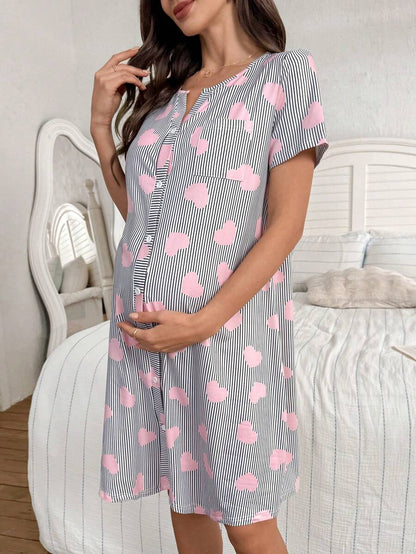Maternity Heart Print Nightgown Women Button Front Short Sleeve Sleep Dress with Pocket