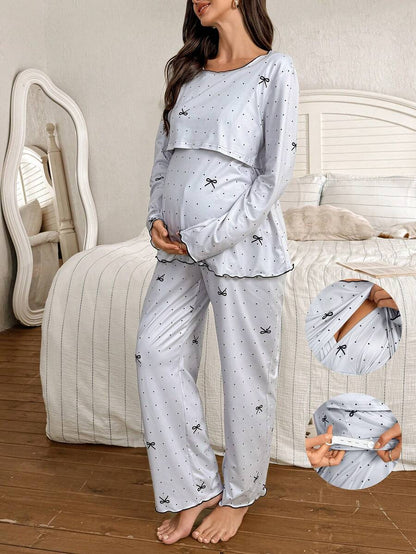 2-Piece Polka Dot Bow Print Maternity Pajama Set - Nursing Friendly Long Sleeve Top and Pants - Soft Stretch Fall Winter Sleepwear for Moms