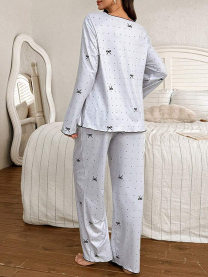 Maternity Pajama Set 2 Pack - Polka Dot Bow Print Crew Neck Long Sleeve Top and Pants, Nursing