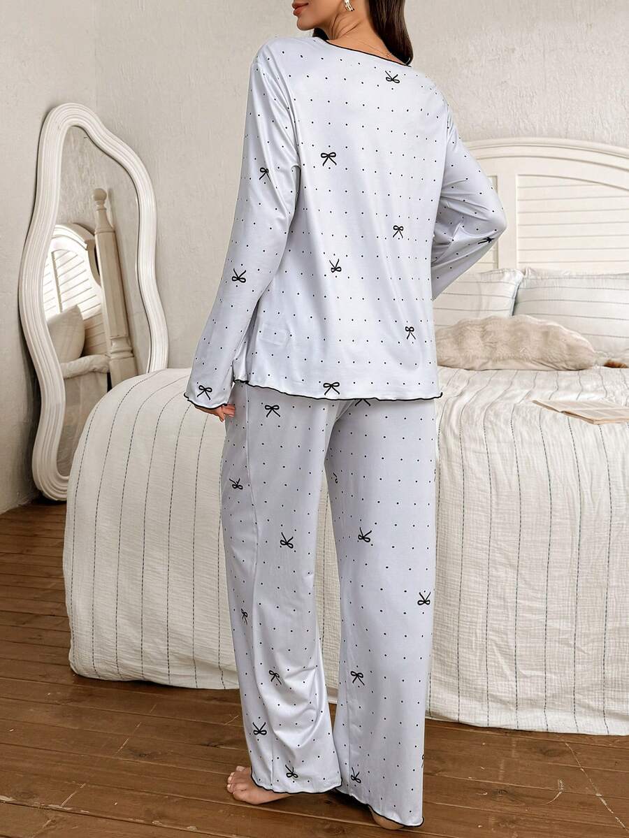 2-Piece Polka Dot Bow Print Maternity Pajama Set - Nursing Friendly Long Sleeve Top and Pants - Soft Stretch Fall Winter Sleepwear for Moms