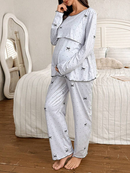 2-Piece Polka Dot Bow Print Maternity Pajama Set - Nursing Friendly Long Sleeve Top and Pants - Soft Stretch Fall Winter Sleepwear for Moms