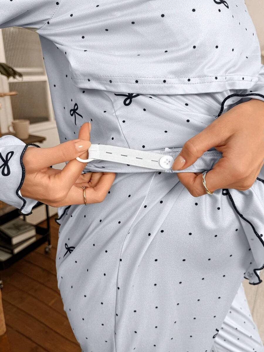 Maternity Pajama Set 2 Pack - Polka Dot Bow Print Crew Neck Long Sleeve Top and Pants, Nursing