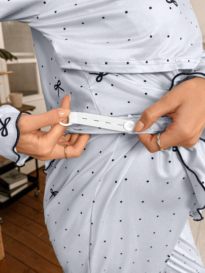 Maternity Pajama Set 2 Pack - Polka Dot Bow Print Crew Neck Long Sleeve Top and Pants, Nursing