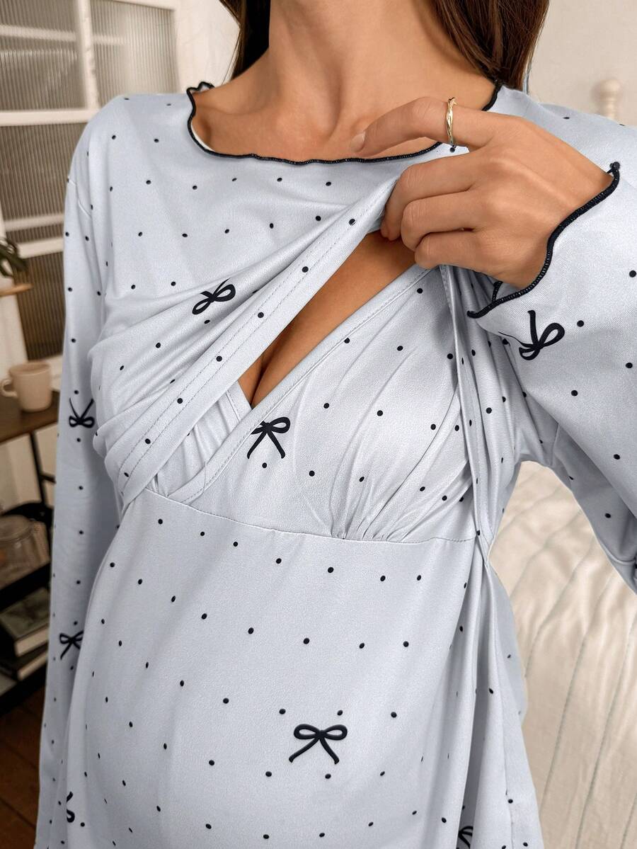 Maternity Pajama Set 2 Pack - Polka Dot Bow Print Crew Neck Long Sleeve Top and Pants, Nursing