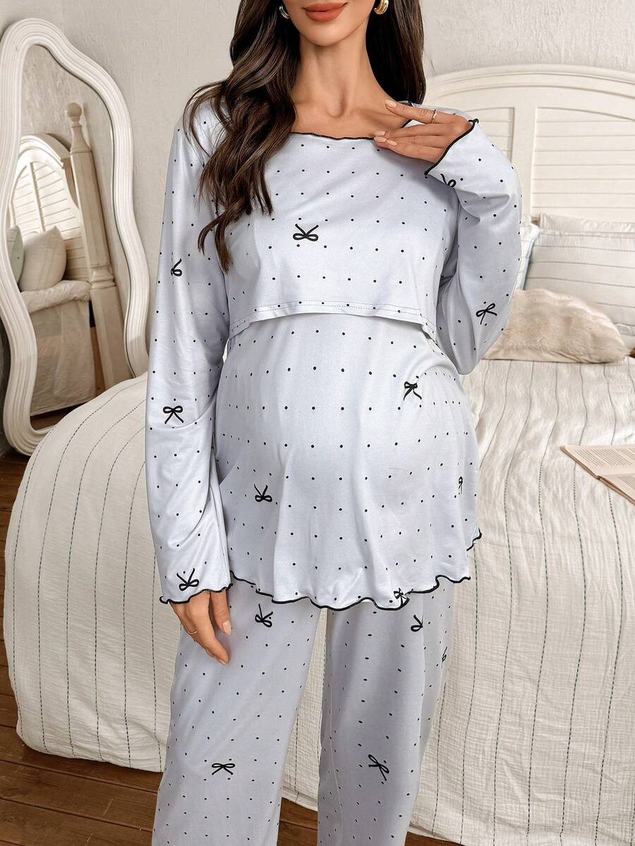 Maternity Pajama Set 2 Pack - Polka Dot Bow Print Crew Neck Long Sleeve Top and Pants, Nursing