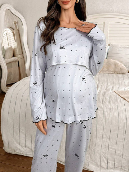 2-Piece Polka Dot Bow Print Maternity Pajama Set - Nursing Friendly Long Sleeve Top and Pants - Soft Stretch Fall Winter Sleepwear for Moms