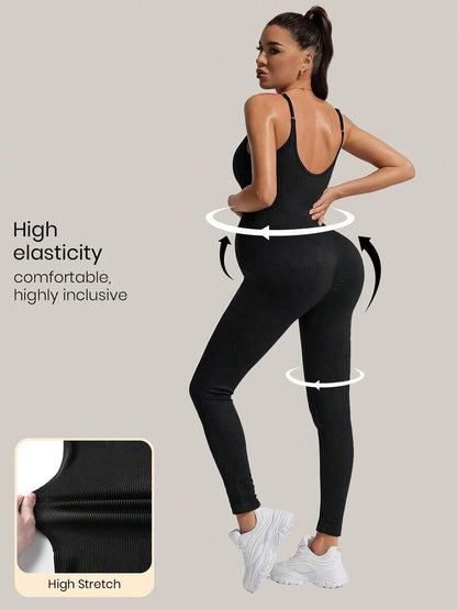 Yellow Rib-Knit Asymmetrical Neck Maternity Jumpsuit - High Stretch Sleeveless Skinny Fit Capri One Piece - Casual Sporty Maternity Wear