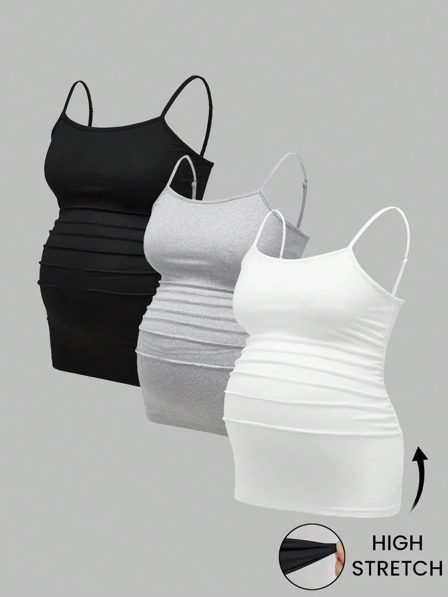 Multicolor Minimalist Ruched Maternity Cami - Slim Fit Spaghetti Strap High Stretch Knitted Tank Top for Pregnant Women Daily Wear