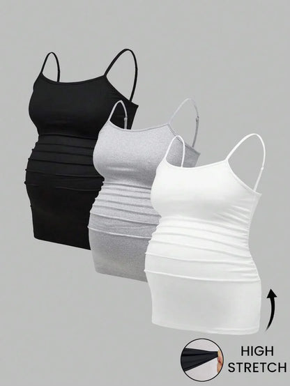 Multicolor Minimalist Ruched Maternity Cami - Slim Fit Spaghetti Strap High Stretch Knitted Tank Top for Pregnant Women Daily Wear