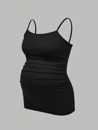 Multicolor Minimalist Ruched Maternity Cami - Slim Fit Spaghetti Strap High Stretch Knitted Tank Top for Pregnant Women Daily Wear