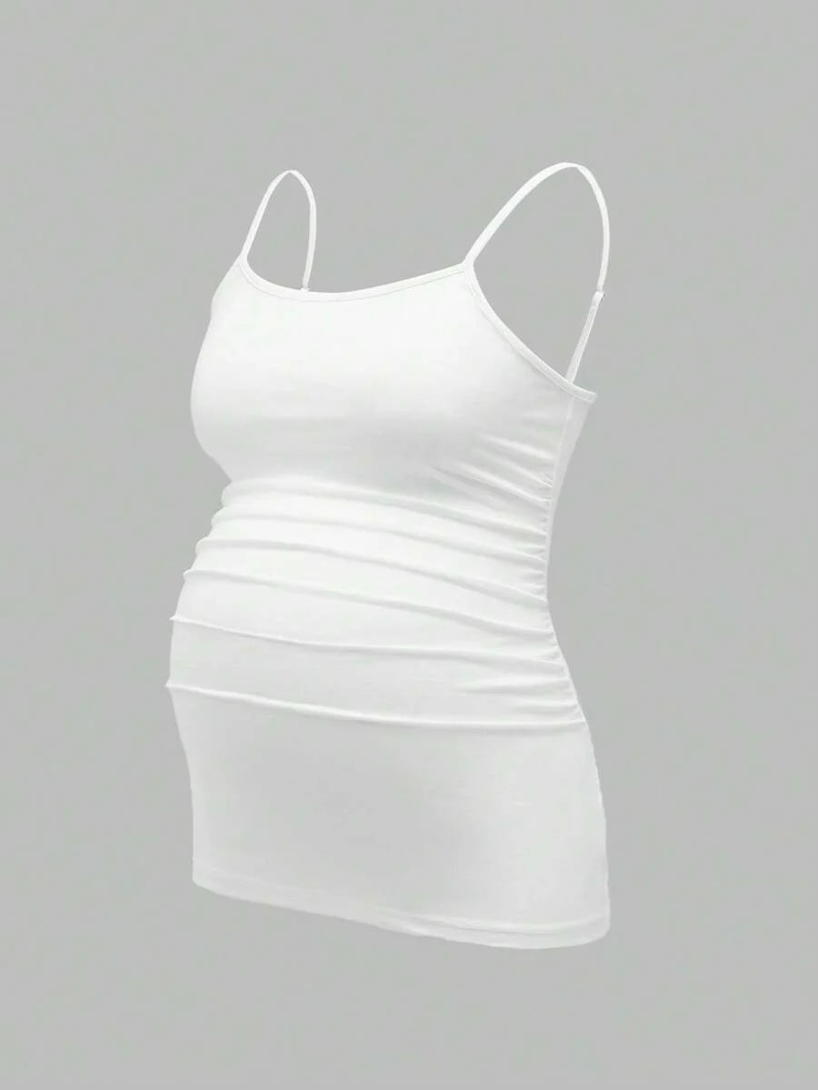 Multicolor Minimalist Ruched Maternity Cami - Slim Fit Spaghetti Strap High Stretch Knitted Tank Top for Pregnant Women Daily Wear