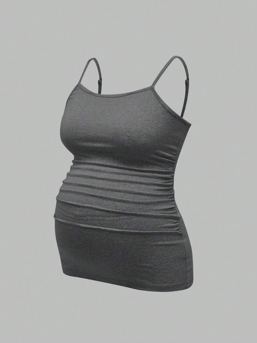 Multicolor Minimalist Ruched Maternity Cami - Slim Fit Spaghetti Strap High Stretch Knitted Tank Top for Pregnant Women Daily Wear