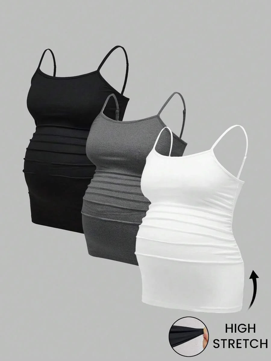 Multicolor Minimalist Ruched Maternity Cami - Slim Fit Spaghetti Strap High Stretch Knitted Tank Top for Pregnant Women Daily Wear