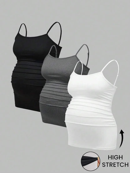 Multicolor Minimalist Ruched Maternity Cami - Slim Fit Spaghetti Strap High Stretch Knitted Tank Top for Pregnant Women Daily Wear
