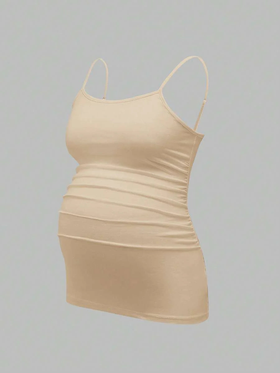 Multicolor Minimalist Ruched Maternity Cami - Slim Fit Spaghetti Strap High Stretch Knitted Tank Top for Pregnant Women Daily Wear