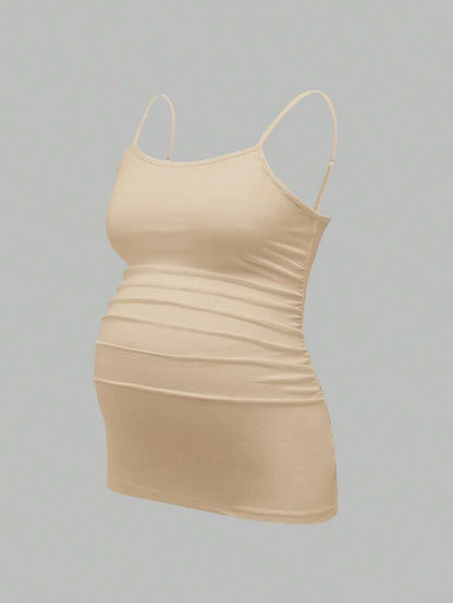 Multicolor Minimalist Ruched Maternity Cami - Slim Fit Spaghetti Strap High Stretch Knitted Tank Top for Pregnant Women Daily Wear