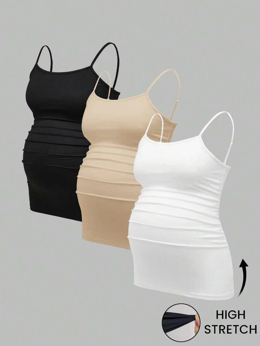 Multicolor Minimalist Ruched Maternity Cami - Slim Fit Spaghetti Strap High Stretch Knitted Tank Top for Pregnant Women Daily Wear