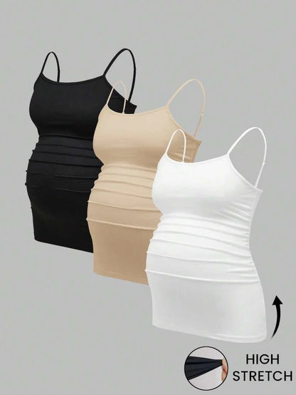 Multicolor Minimalist Ruched Maternity Cami - Slim Fit Spaghetti Strap High Stretch Knitted Tank Top for Pregnant Women Daily Wear