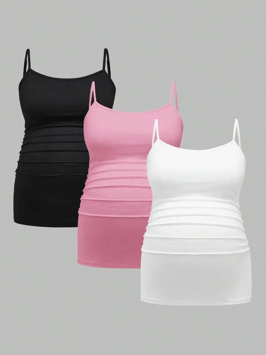 Multicolor Minimalist Ruched Maternity Cami - Slim Fit Spaghetti Strap High Stretch Knitted Tank Top for Pregnant Women Daily Wear